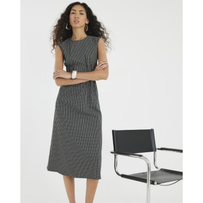 Black Sleeveless Pintuck Checked Midi Dress
