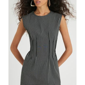 Black Sleeveless Pintuck Checked Midi Dress