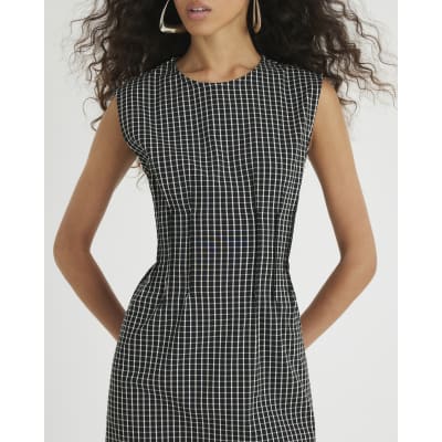 Black Sleeveless Pintuck Checked Midi Dress