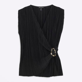 Black Sleeveless Plisse Wrap Top