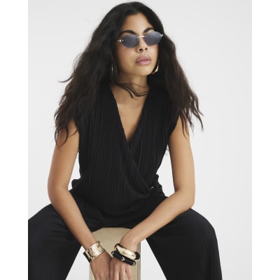 Black Sleeveless Plisse Wrap Top