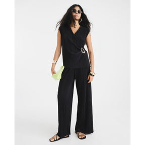 Black Sleeveless Plisse Wrap Top