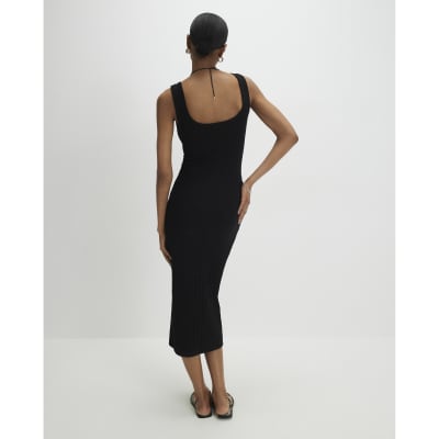 Black Sleeveless Ribbed Button Midi Dress