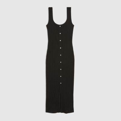 Black Sleeveless Ribbed Button Midi Dress