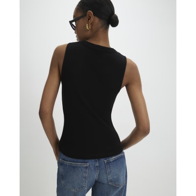 Black Sleeveless Ribbed Popper Top