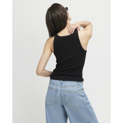 Black Sleeveless Ribbed Tank Top