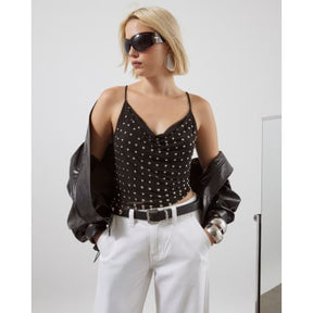 Black Sleeveless Studded Cowl Neck Cami Top