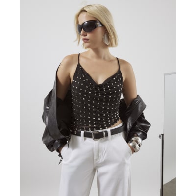 Black Sleeveless Studded Cowl Neck Cami Top