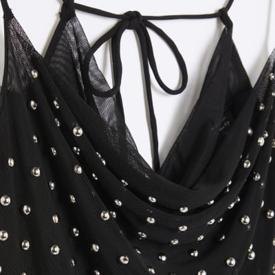 Black Sleeveless Studded Cowl Neck Cami Top
