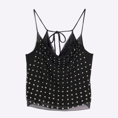 Black Sleeveless Studded Cowl Neck Cami Top
