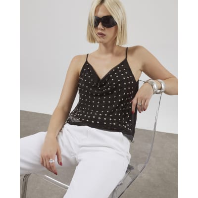 Black Sleeveless Studded Cowl Neck Cami Top