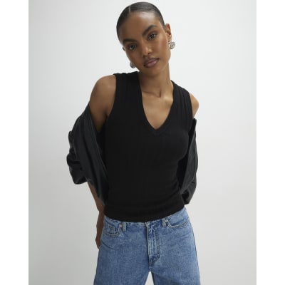 Black Sleeveless Wide Ribbed Tank Top