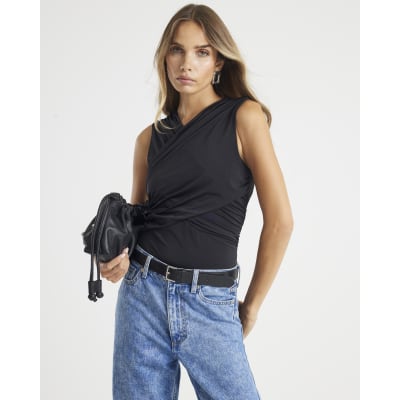 Black Sleeveless Wrap Bodysuit