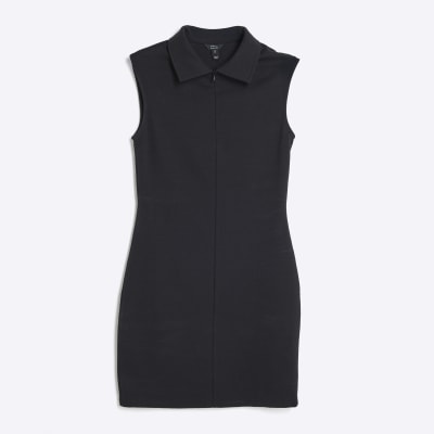 Black Sleeveless Zip Collar Mini Dress