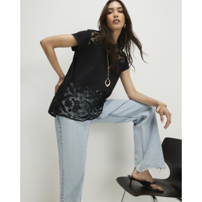 Black Spliced Lace T-Shirt