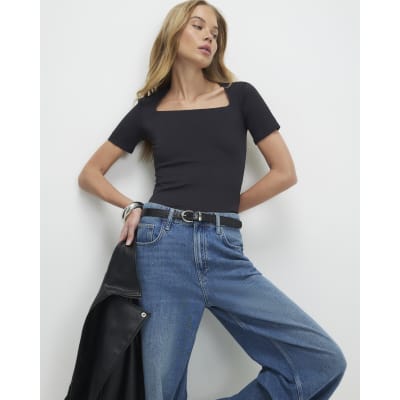 Black Square Neck Fitted Top