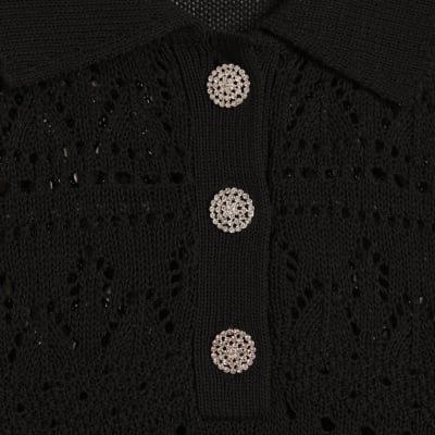 Black Stitched Knit Polo Top