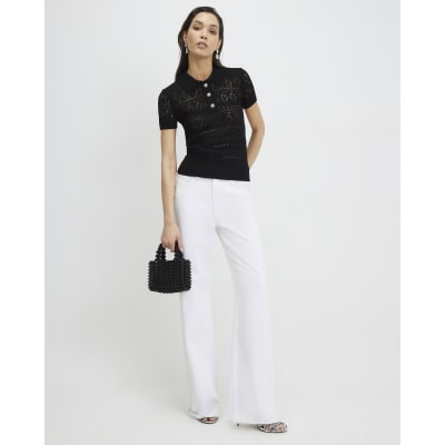 Black Stitched Knit Polo Top