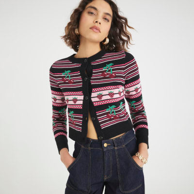 Black Stripe Cherry Knitted Cardigan