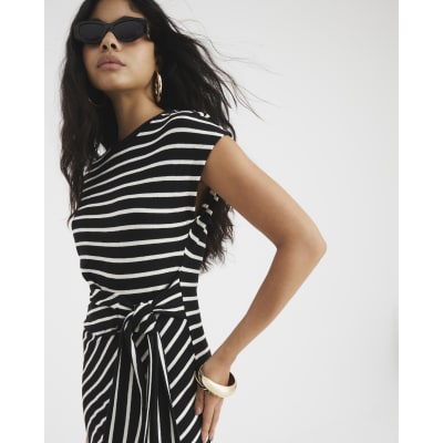 Black Stripe Knot Side Midi Dress