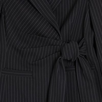 Black Stripe Tie Waist Blazer