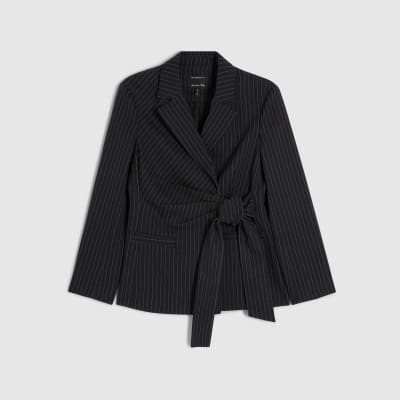 Black Stripe Tie Waist Blazer