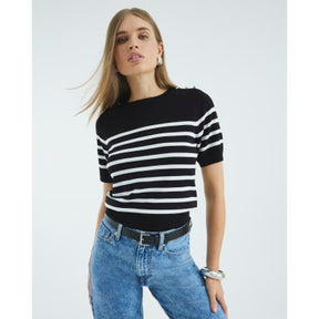 Black Striped Button Detail Knitted T-shirt