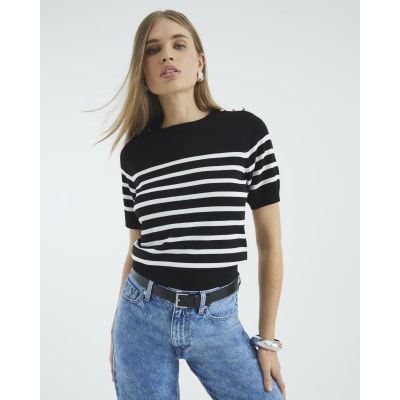 Black Striped Button Detail Knitted T-shirt