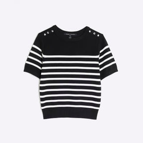 Black Striped Button Detail Knitted T-shirt