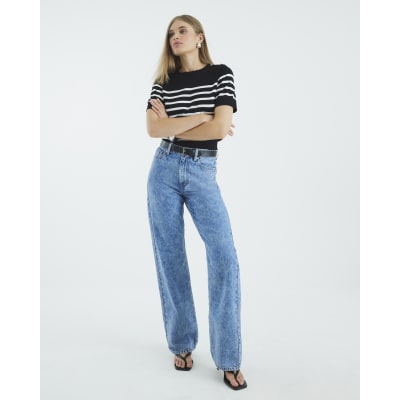 Black Striped Button Detail Knitted T-shirt