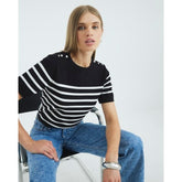 Black Striped Button Detail Knitted T-shirt