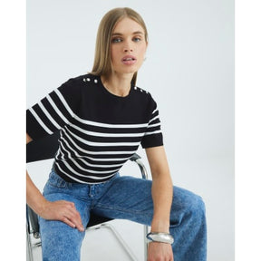Black Striped Button Detail Knitted T-shirt