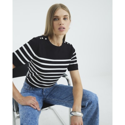 Black Striped Button Detail Knitted T-shirt