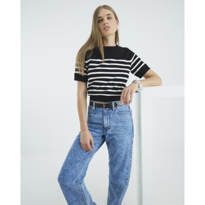 Black Striped Button Detail Knitted T-shirt