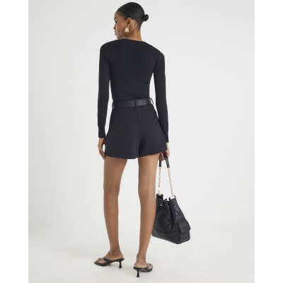 Black Structured Belted Shorts