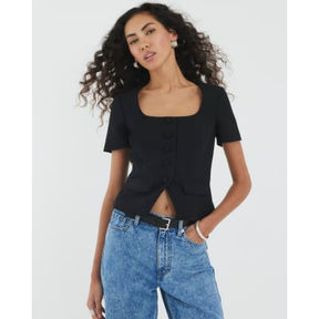 Black Tailored Button Up Top