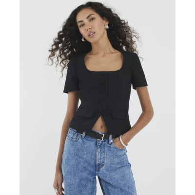 Black Tailored Button Up Top