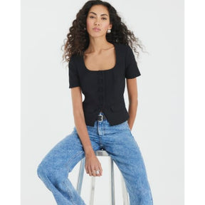 Black Tailored Button Up Top