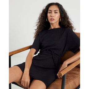 Black Textured Belted Dress