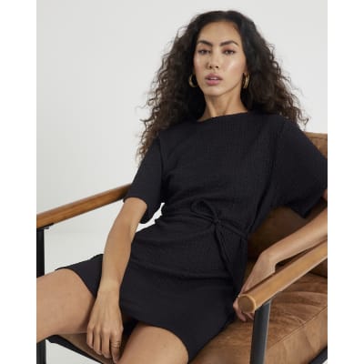 Black Textured Belted Dress