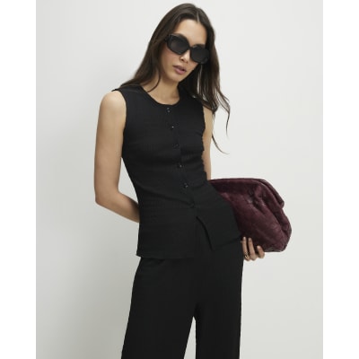 Black Textured Button Through Sleeveless Top
