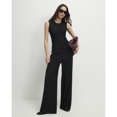 Black Textured Button Through Sleeveless Top