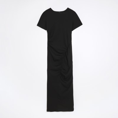 Black Textured Drape Midi Dress