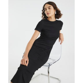Black Textured Drape Midi Dress