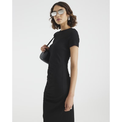 Black Textured Drape Midi Dress