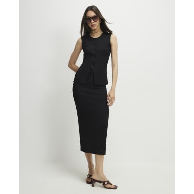 Black Textured Midi Skirt