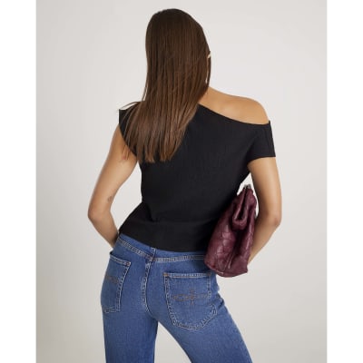 Black Textured Short Sleeve Off Shoulder Top