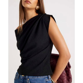 Black Textured Short Sleeve Off Shoulder Top