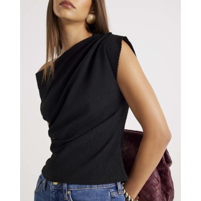 Black Textured Short Sleeve Off Shoulder Top