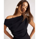Black Textured Short Sleeve Off Shoulder Top
